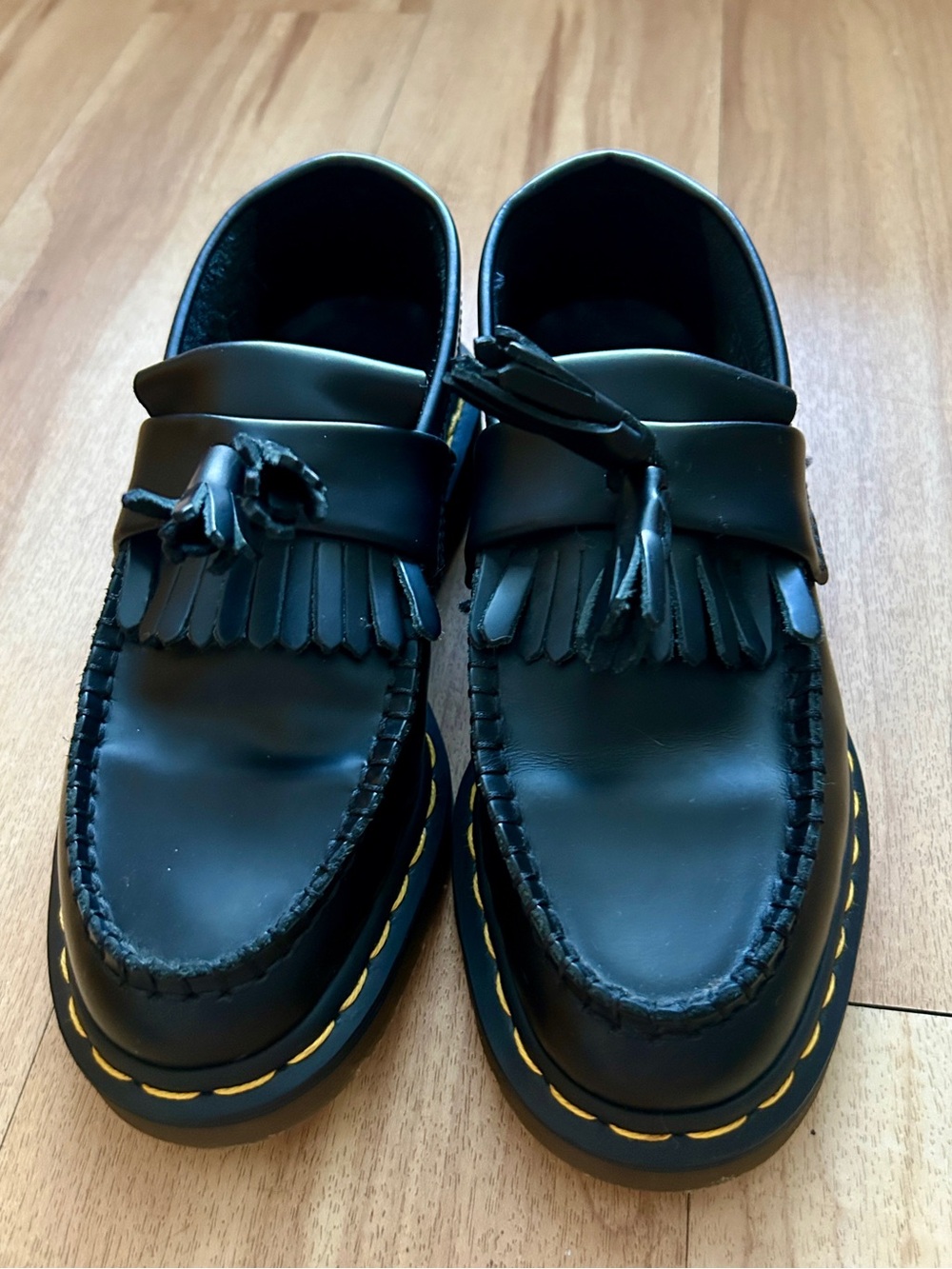 Dr. Martens Adrian Black Tassel Kiltie Loafers with Yellow Stitching